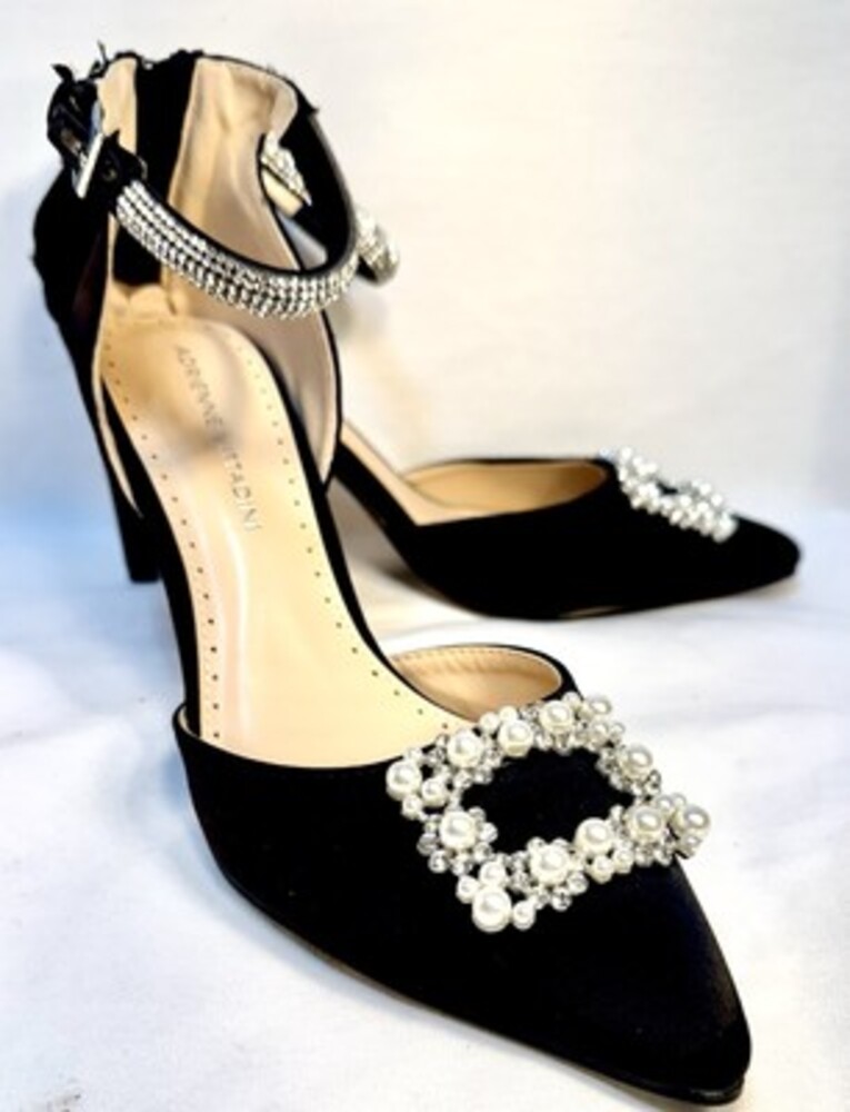 Adrienne Vittadini "Nirvana" Ankle Strap Black Jeweled Women Heels Sz 8.5M